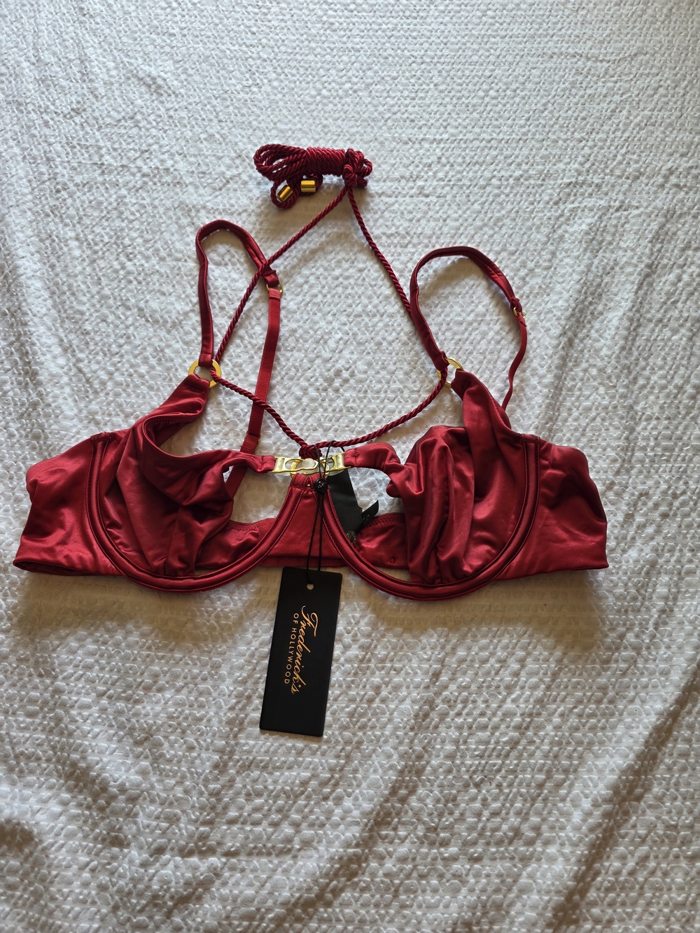Frederick's of Hollywood Crimson Satin Underwire Bra with Gold Accents And Rope